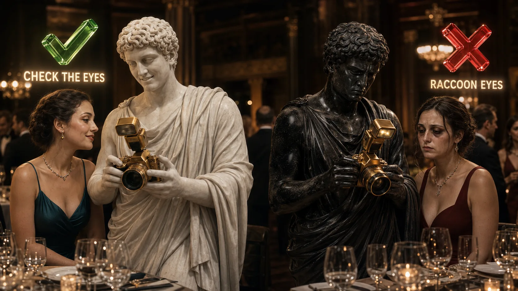 White marble twin calmly testing one face and checking eyes before event vs black marble twin stressed with raccoon eyes result among arriving guests